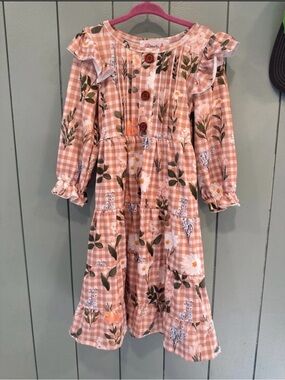 Girls Pink Gingham Floral Tiered Dress with Ruffle Details